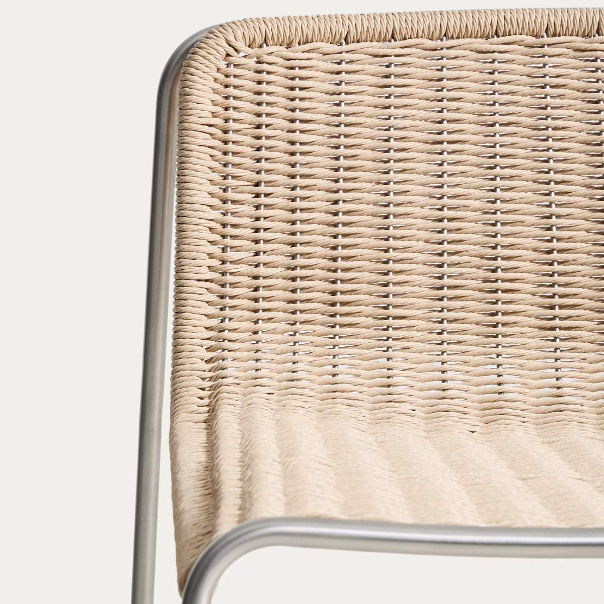 Kave Home Tavari stackable stool in beige synthetic rope cord and AISI 304 stainless steel with brushed finish 75 cm