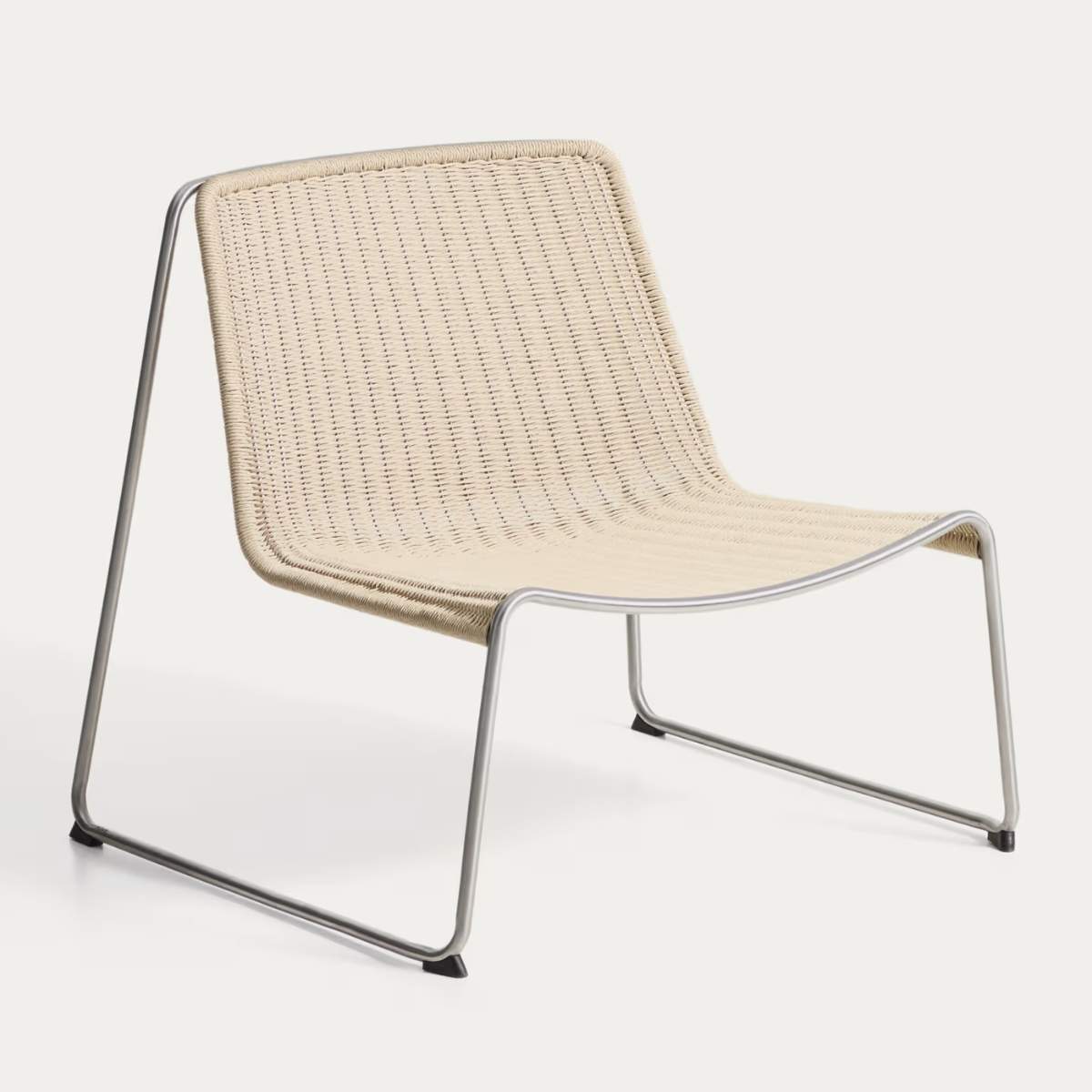 Kave Home Tavari stackable armchair in beige synthetic rope cord and AISI 304 stainless steel with brushed finish