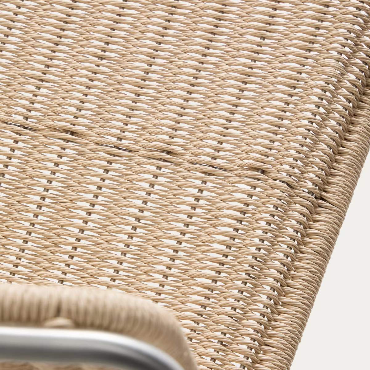 Kave Home Tavari stackable chair in beige synthetic rope cord and AISI 304 stainless steel with brushed finish