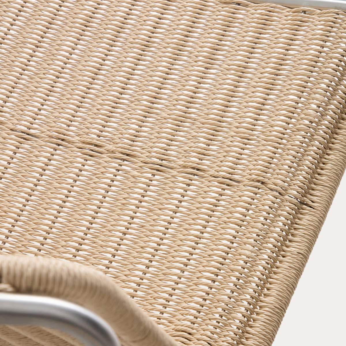 Kave Home Tavari stackable armchair in beige synthetic rope cord and AISI 304 stainless steel with brushed finish