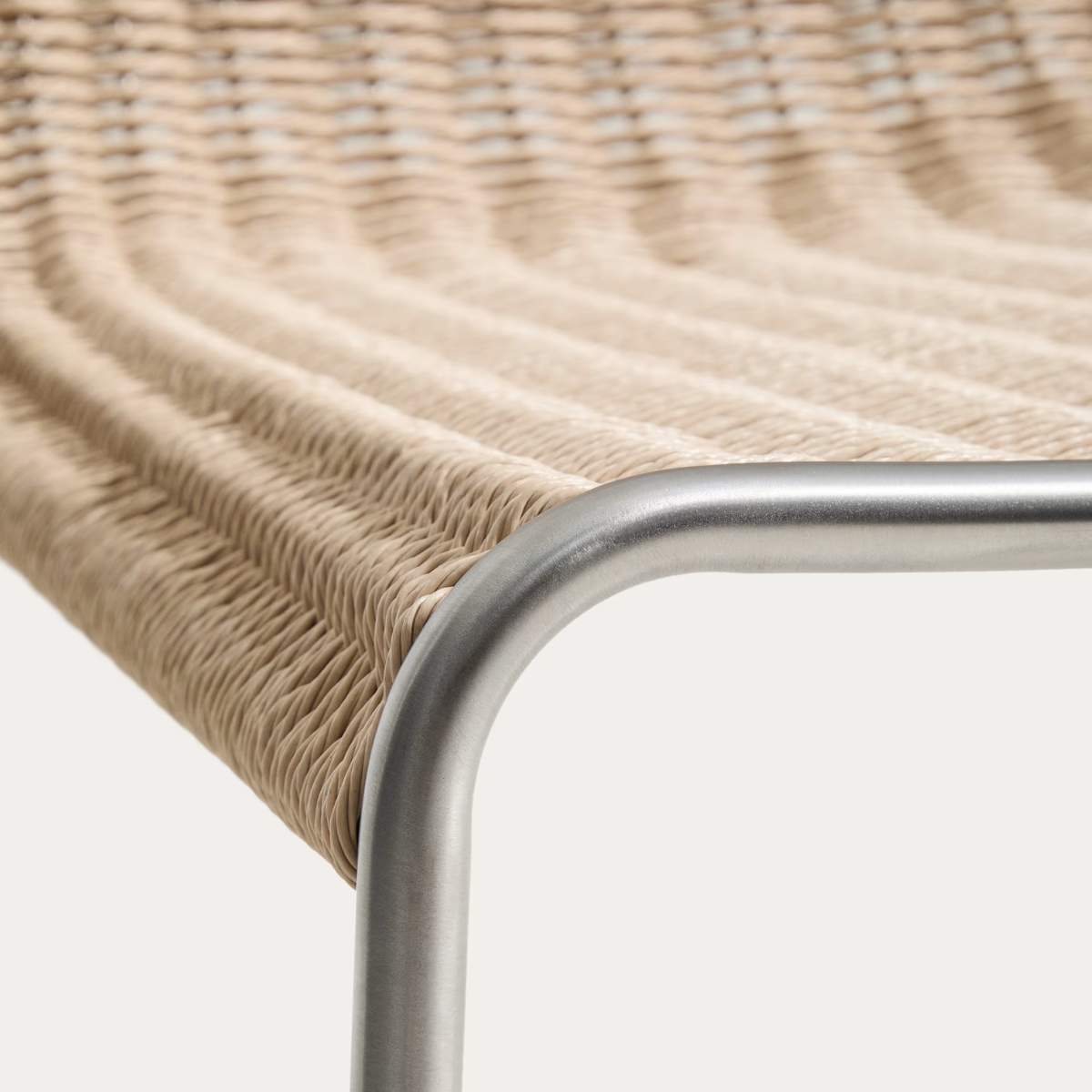 Kave Home Tavari stackable chair in beige synthetic rope cord and AISI 304 stainless steel with brushed finish
