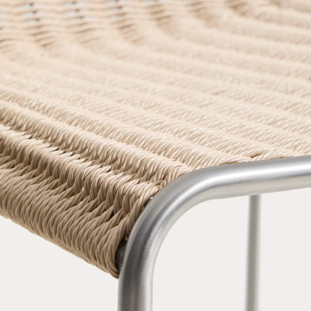 Kave Home Tavari stackable stool in beige synthetic rope cord and AISI 304 stainless steel with brushed finish 75 cm