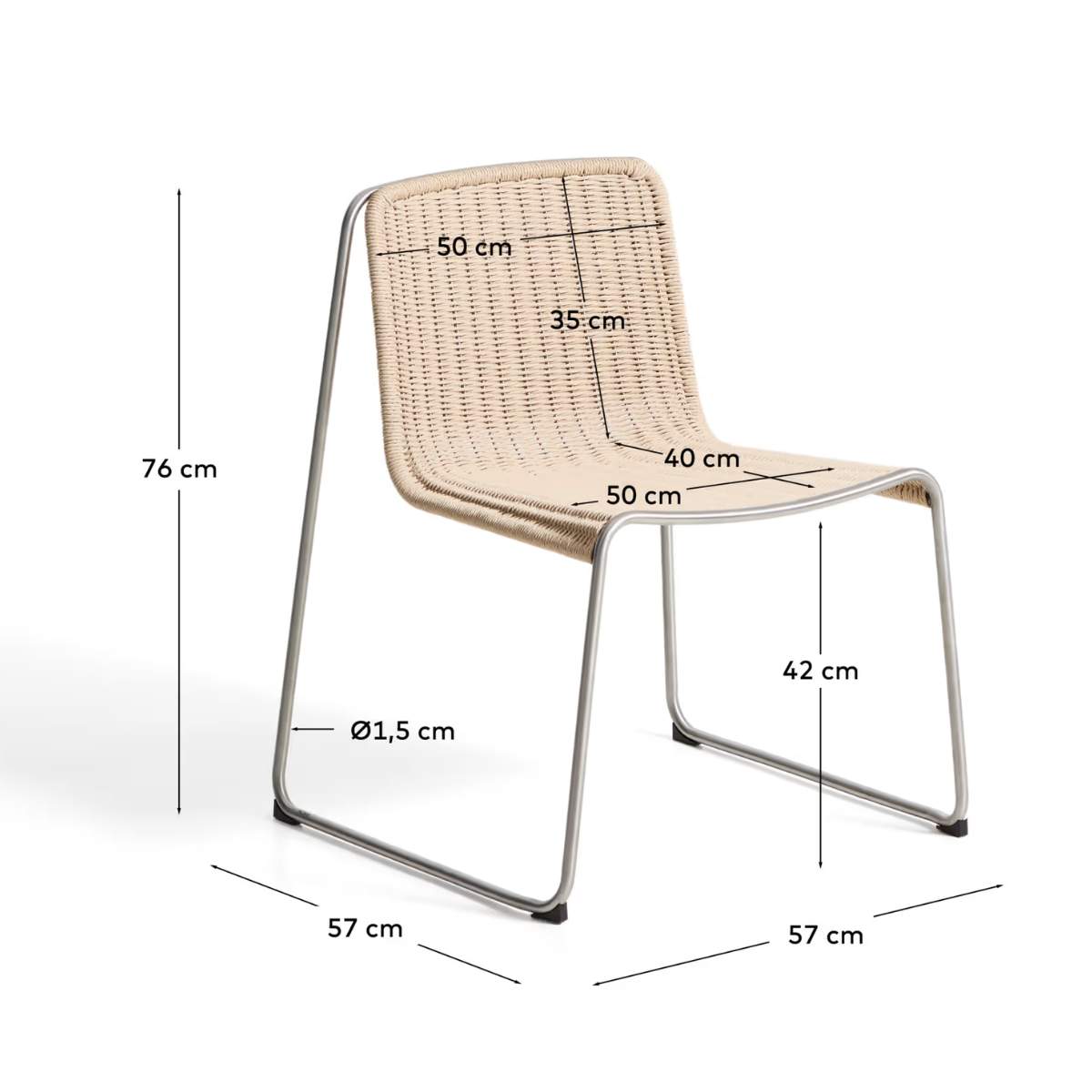 Kave Home Tavari stackable chair in beige synthetic rope cord and AISI 304 stainless steel with brushed finish