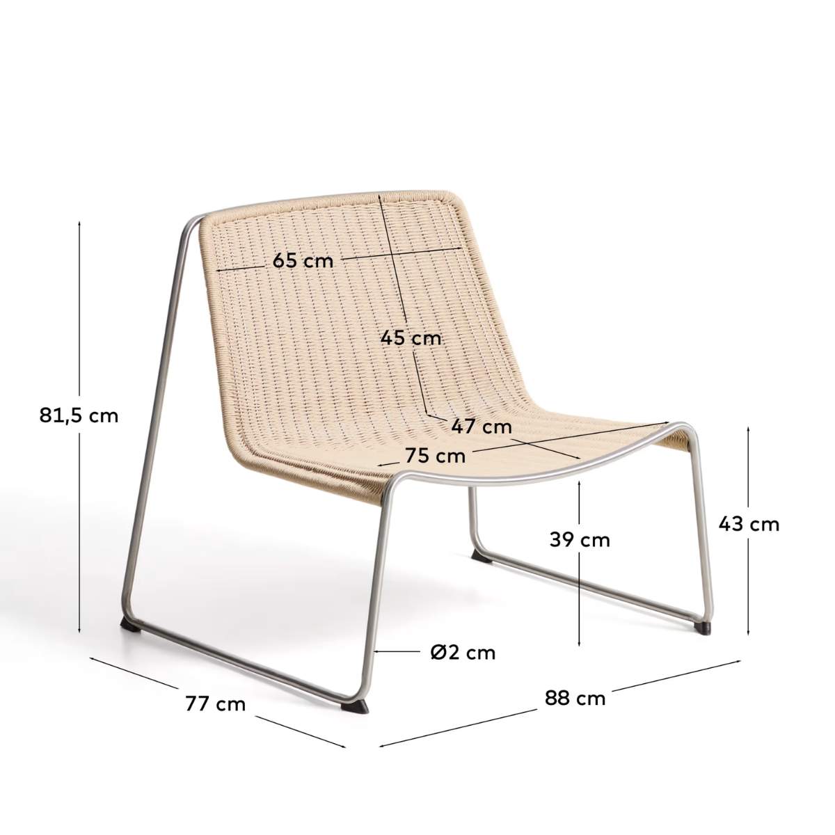 Kave Home Tavari stackable armchair in beige synthetic rope cord and AISI 304 stainless steel with brushed finish