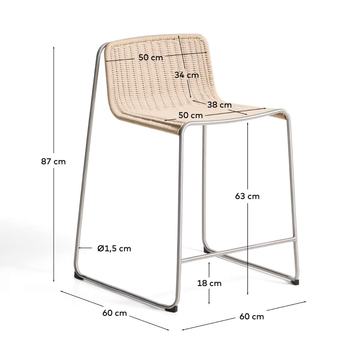 Kave Home Tavari stackable stool in beige synthetic rope cord and AISI 304 stainless steel with brushed finish 65 cm