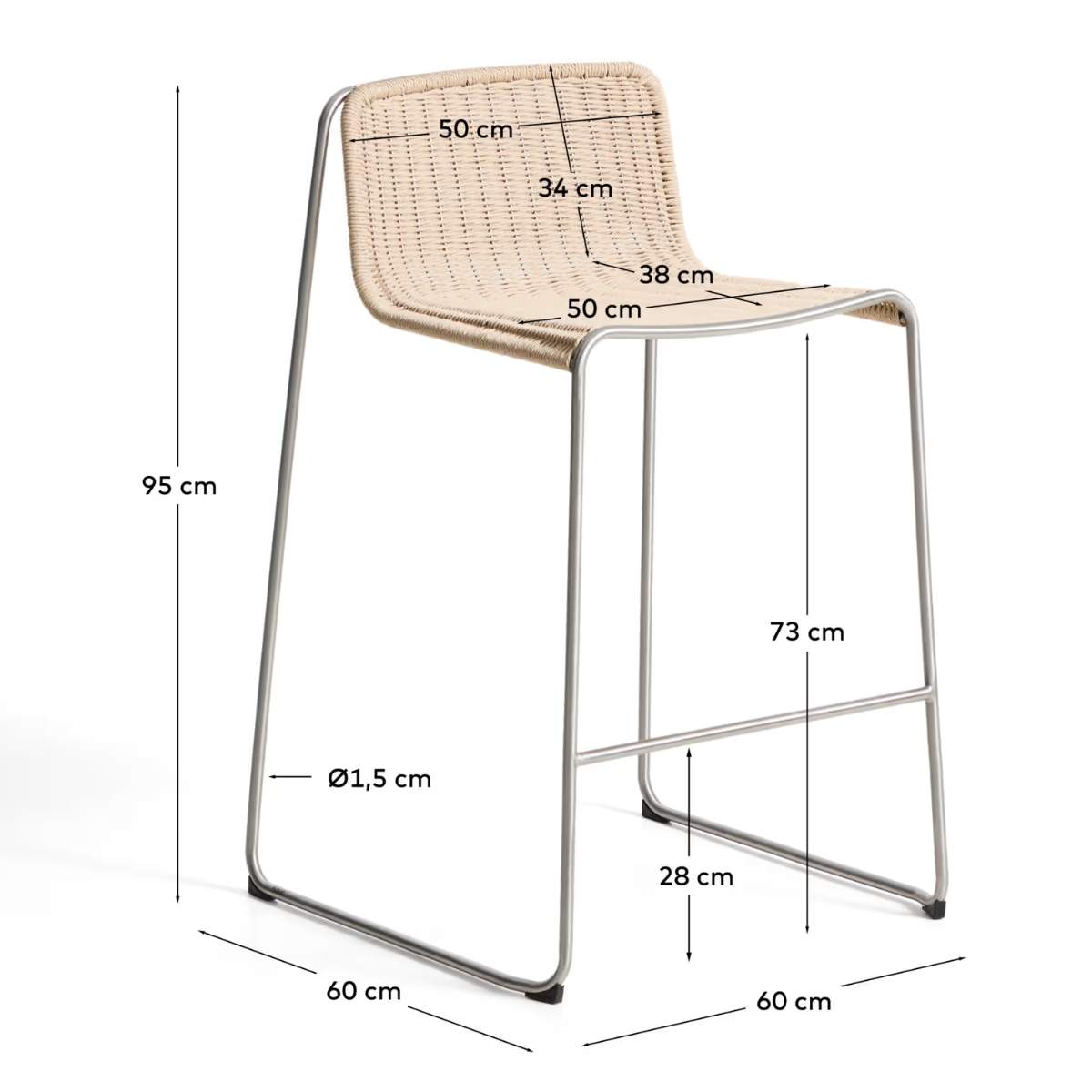 Kave Home Tavari stackable stool in beige synthetic rope cord and AISI 304 stainless steel with brushed finish 75 cm