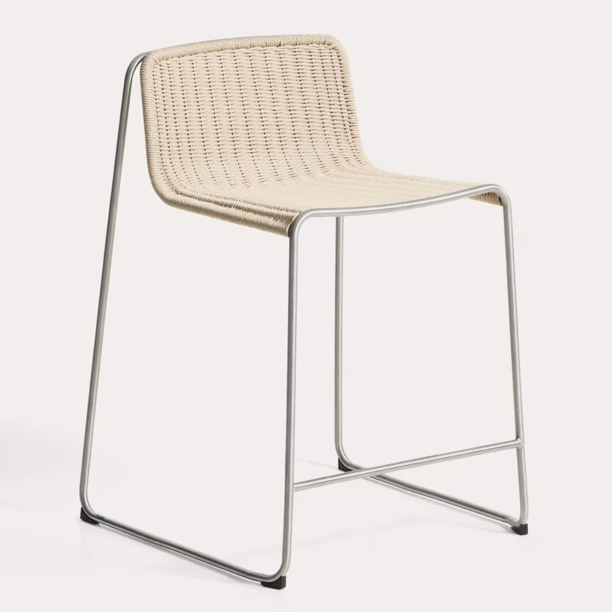 Kave Home Tavari stackable stool in beige synthetic rope cord and AISI 304 stainless steel with brushed finish 65 cm