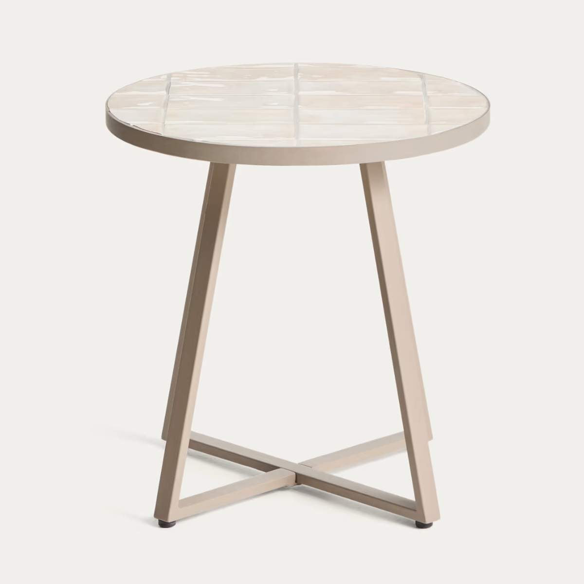 Kave Home Tella round side table in galvanised steel with beige tiles Ø45 cm