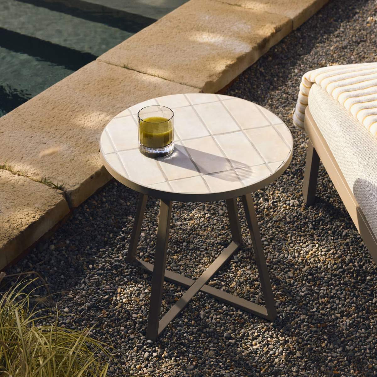 Kave Home Tella round side table in galvanised steel with beige tiles Ø45 cm