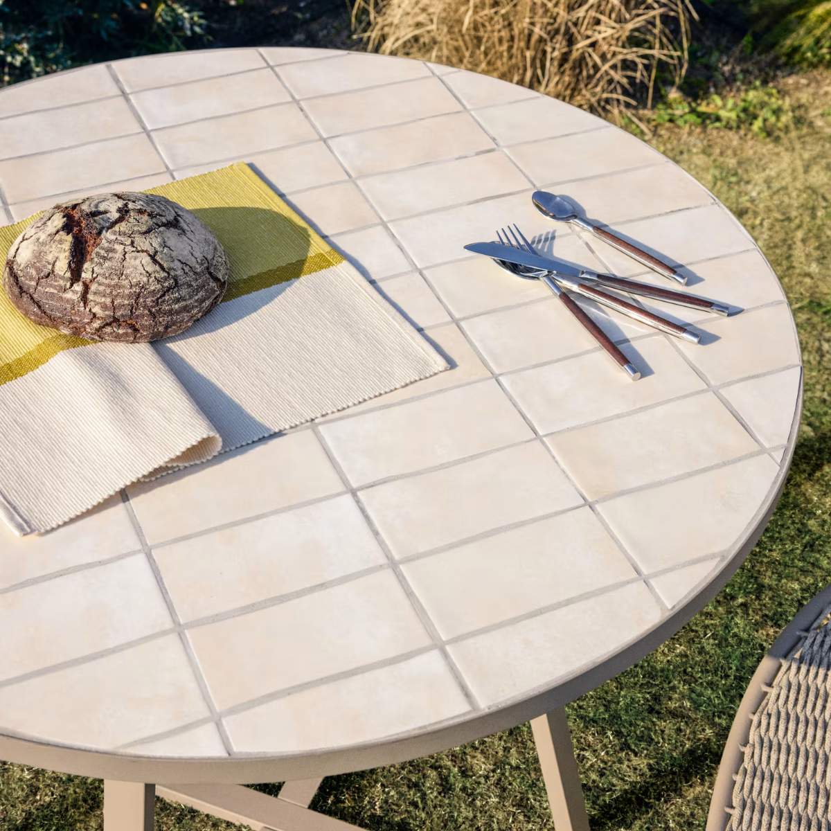 Kave Home Tella round table in taupe galvanised steel with beige tiles Ø120cm