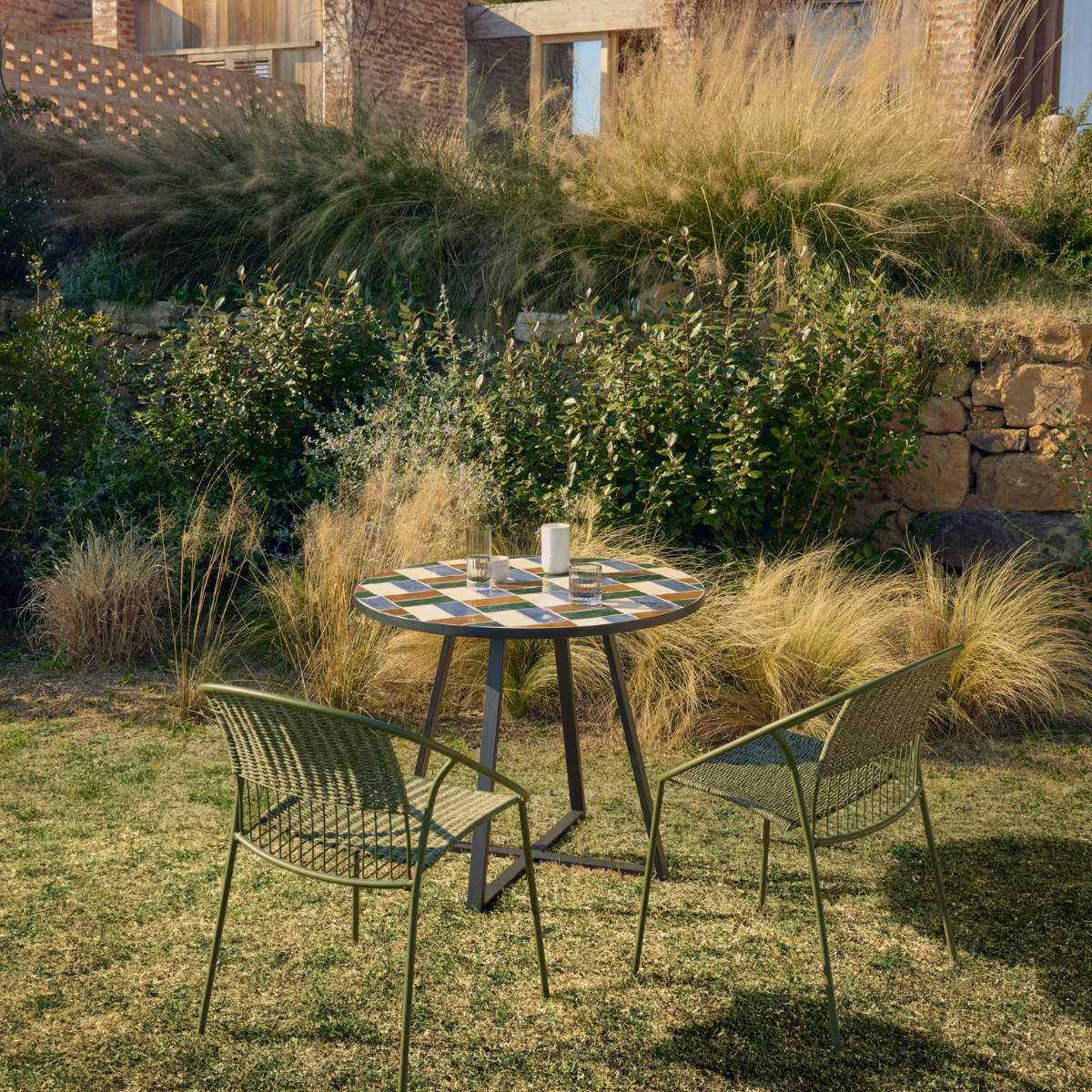Kave Home Tella round table in taupe galvanised steel with beige tiles Ø120cm