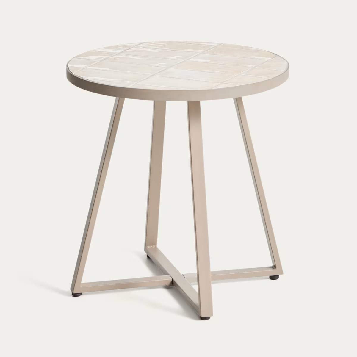 Kave Home Tella round side table in galvanised steel with beige tiles Ø45 cm