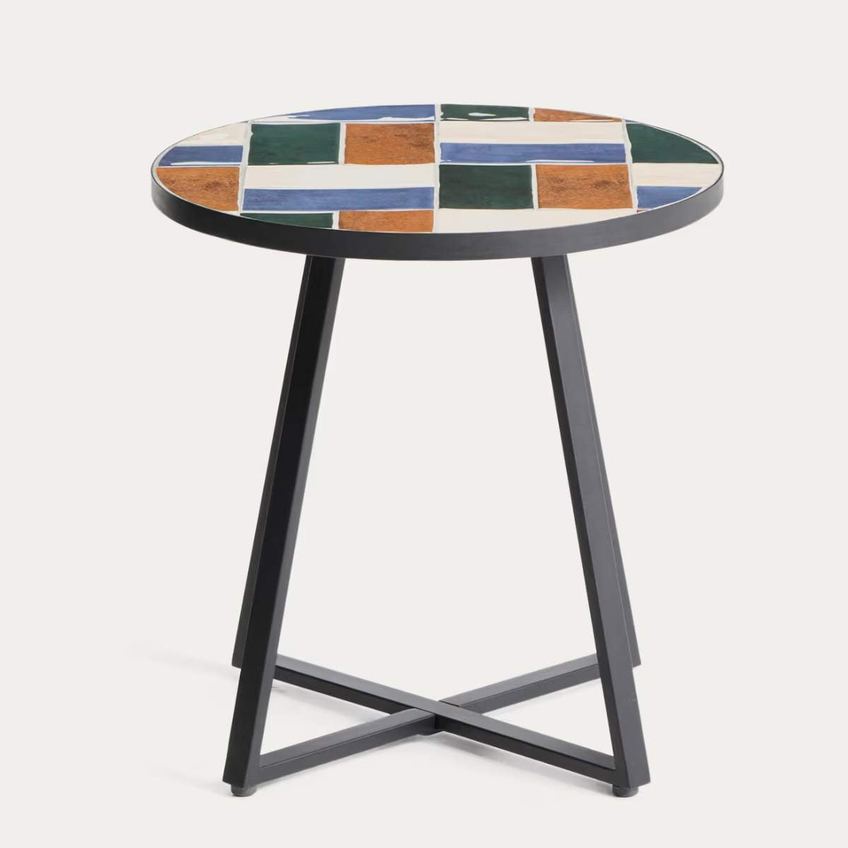 Kave Home Tella round side table in galvanised steel with beige tiles Ø45 cm