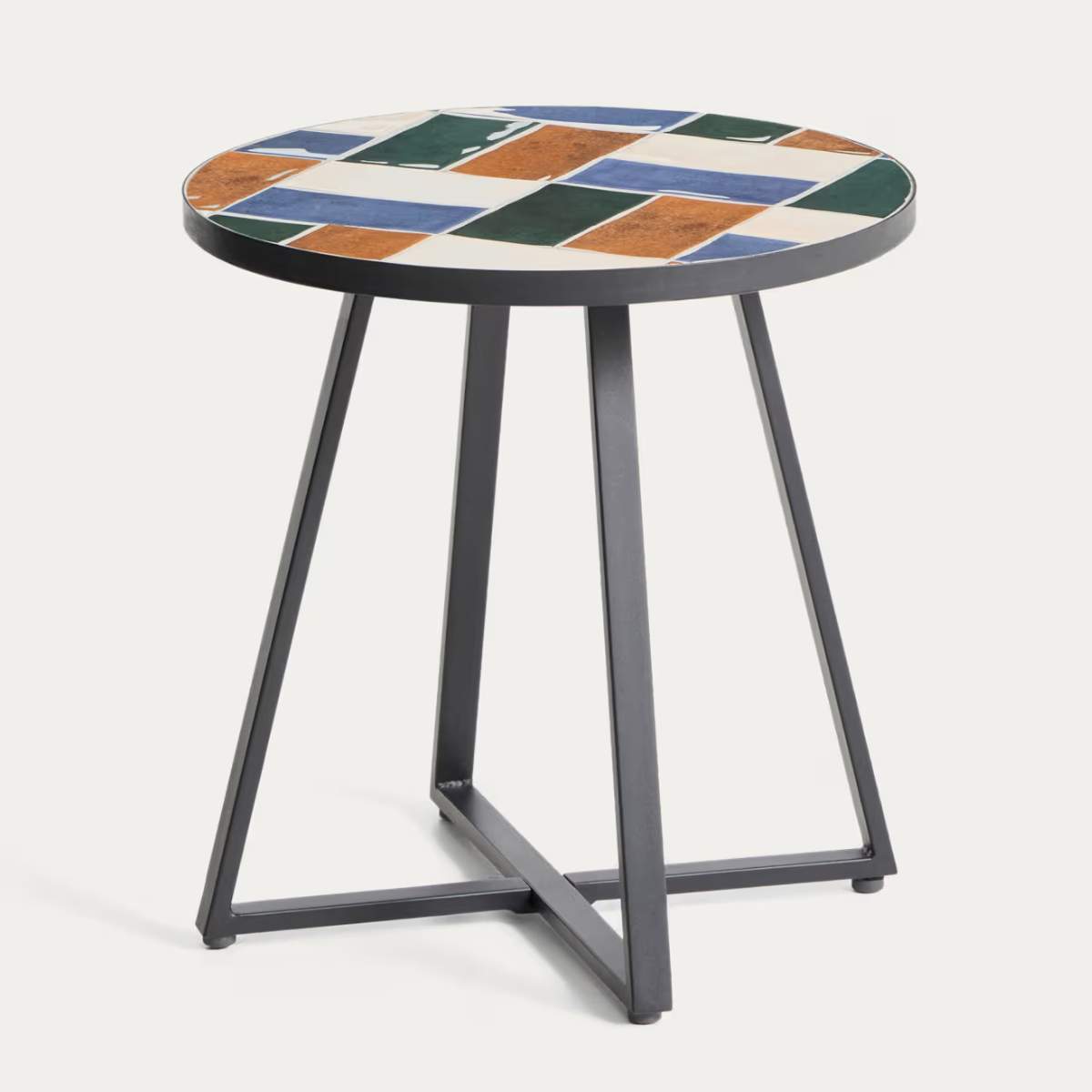 Kave Home Tella round side table in galvanised steel with beige tiles Ø45 cm