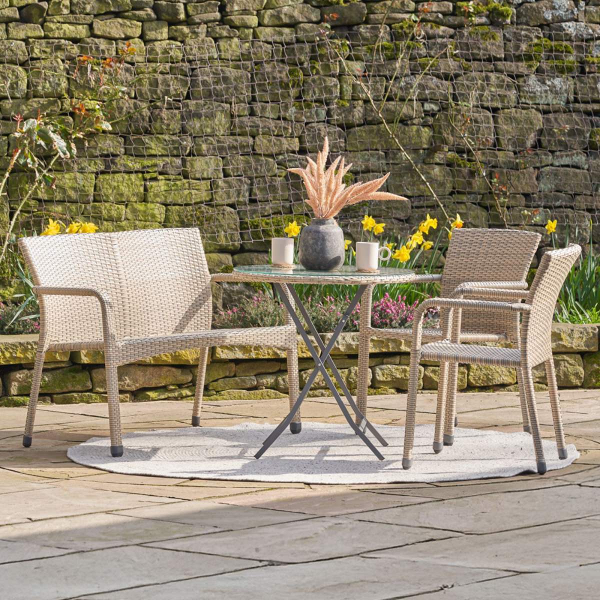 Pacific Lifestyle Tobs Outdoor Grey Synthetic Rattan Bench & Two Armchairs Bistro Set