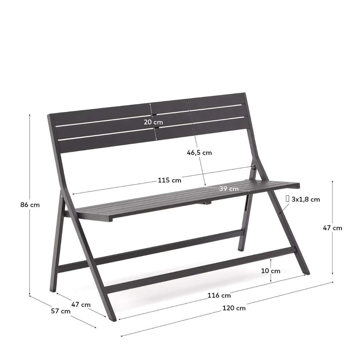 Kave Home Folding outdoor Bench torreta made of aluminum with dark grey finish