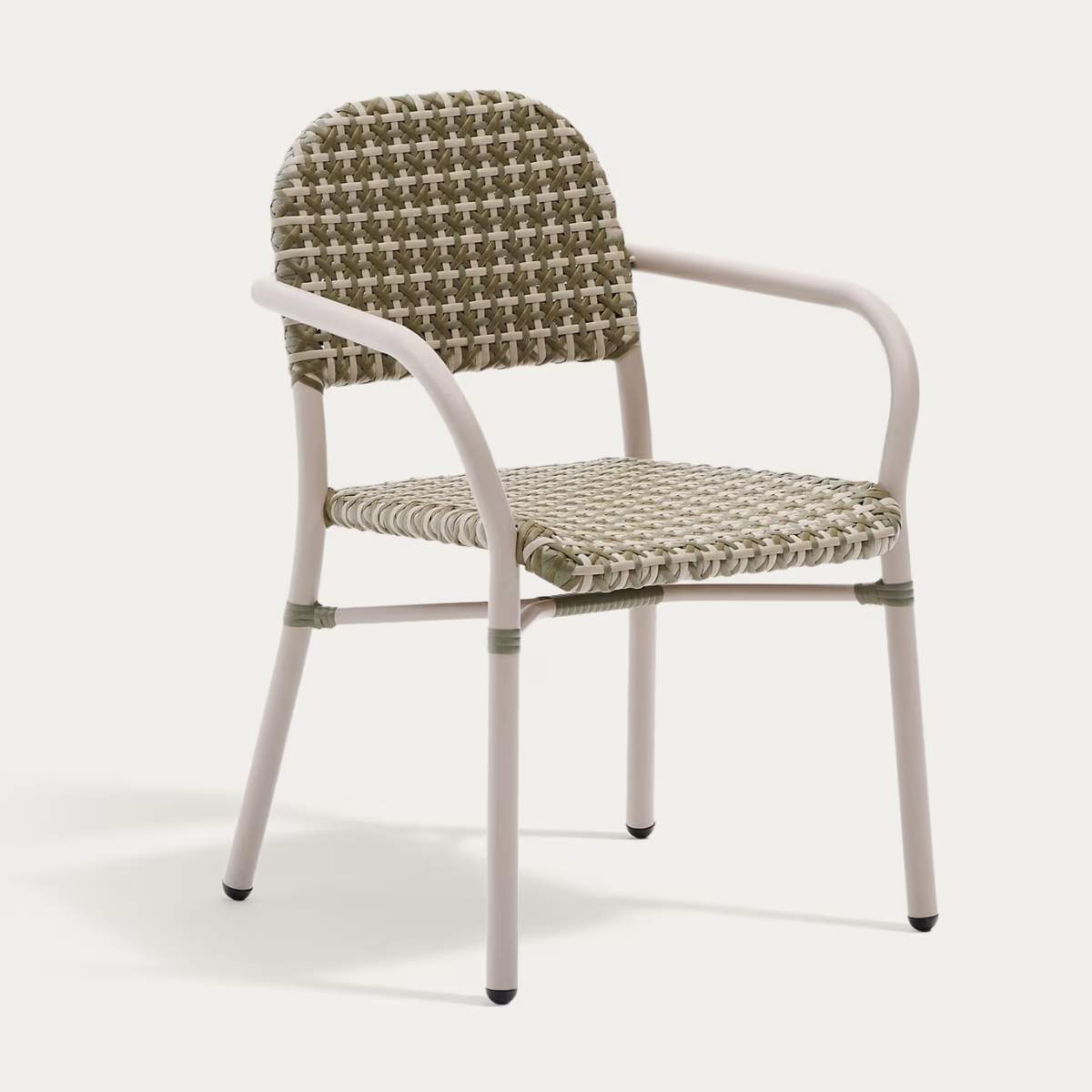 Kave Home Tuccia stackable chair in aluminium and synthetic rattan in green and beige