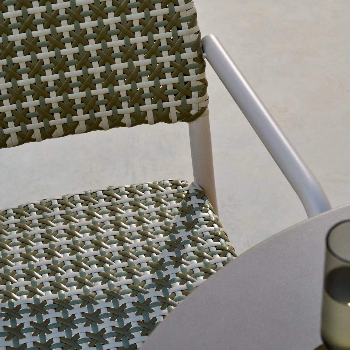 Kave Home Tuccia stackable chair in aluminium and synthetic rattan in green and beige