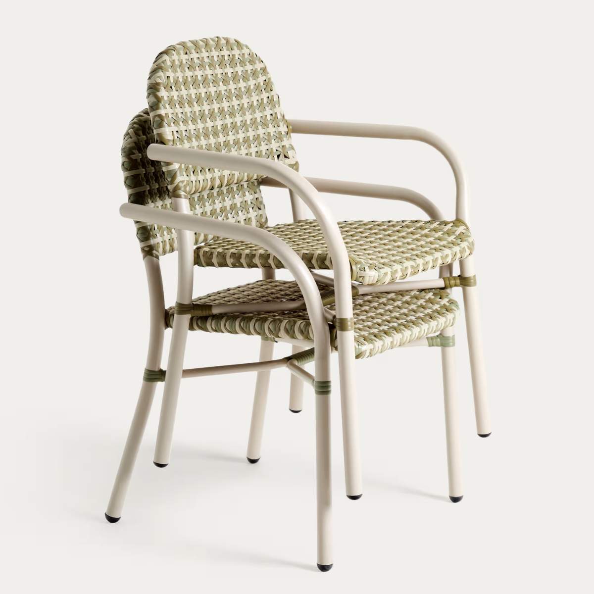 Kave Home Tuccia stackable chair in aluminium and synthetic rattan in green and beige