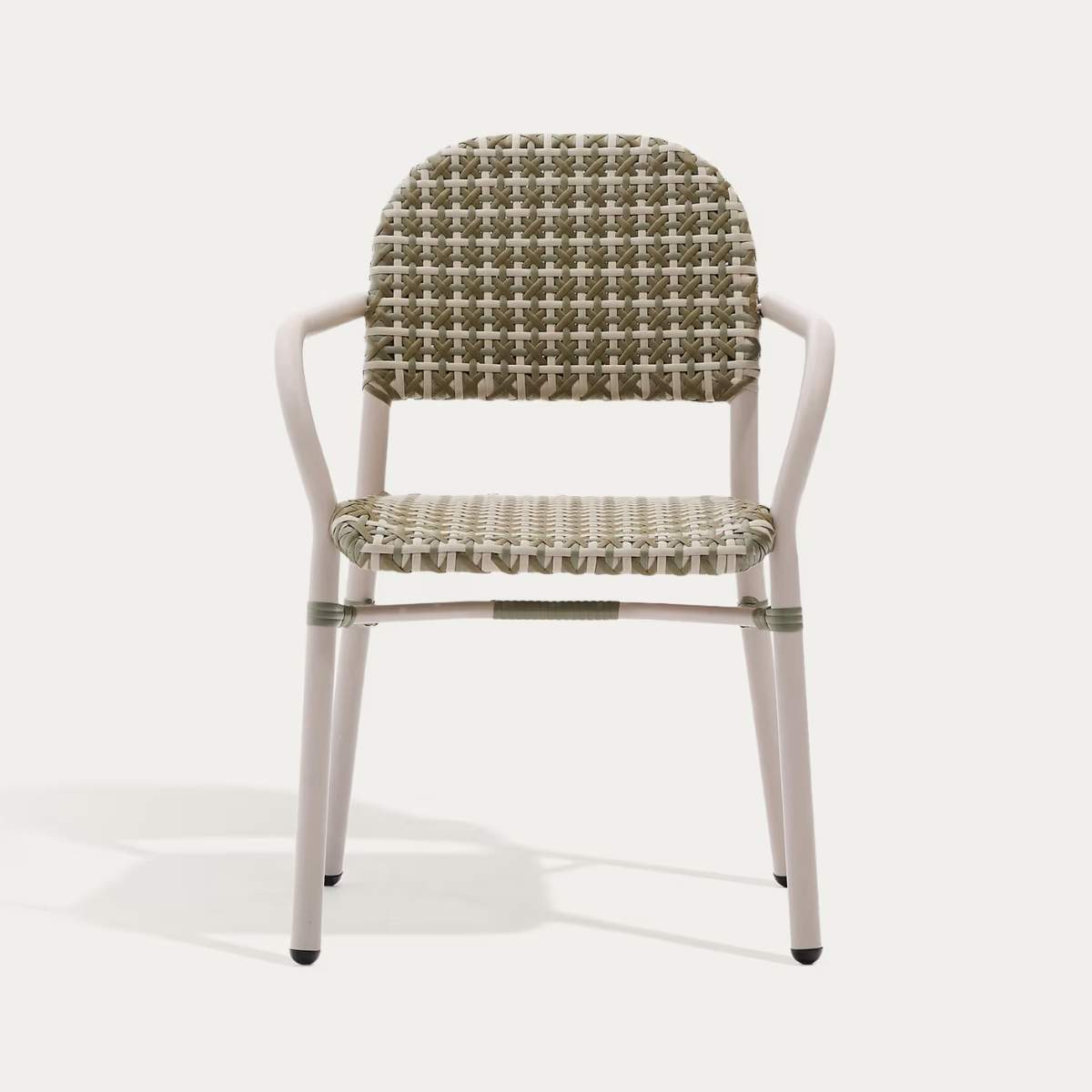 Kave Home Tuccia stackable chair in aluminium and synthetic rattan in green and beige