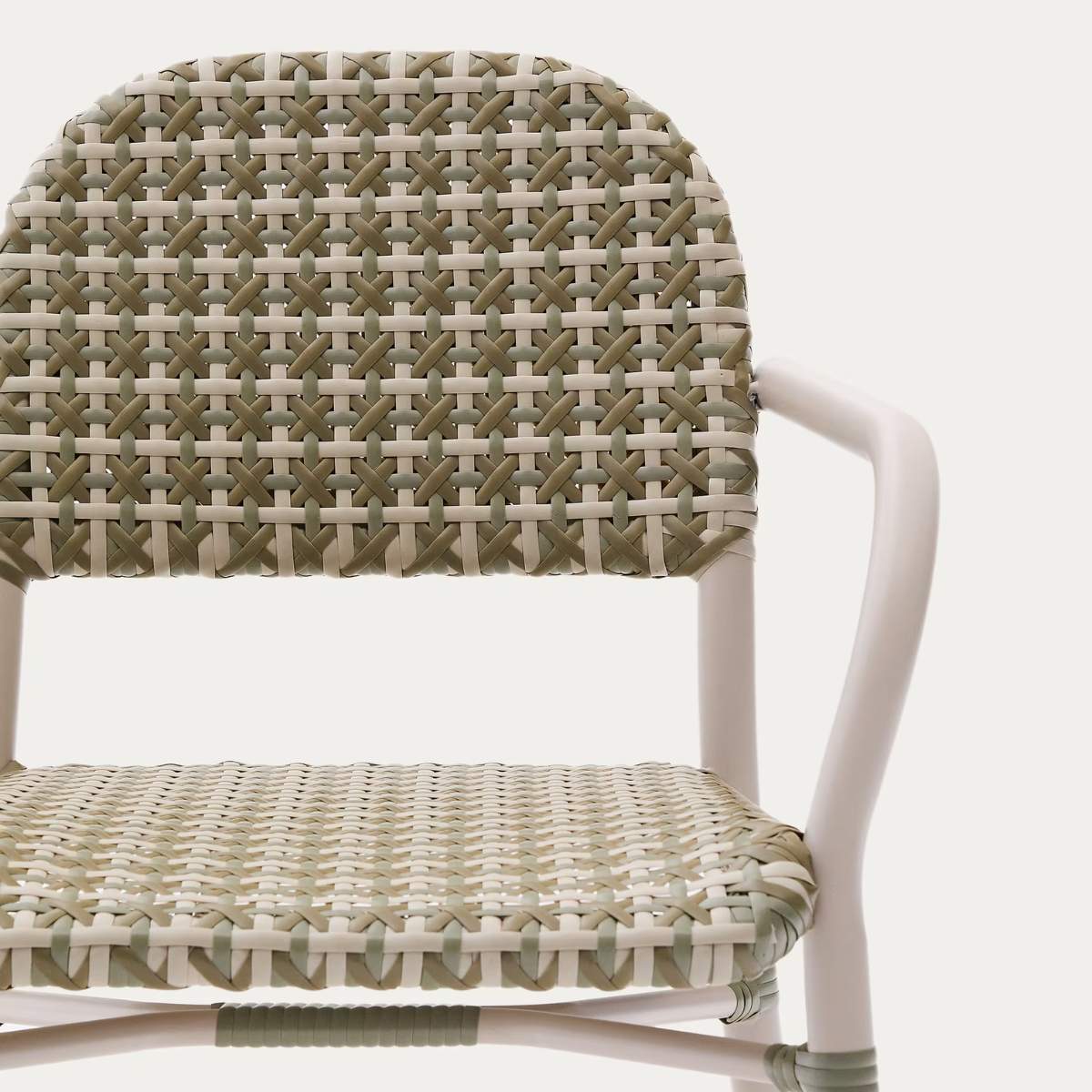 Kave Home Tuccia stackable chair in aluminium and synthetic rattan in green and beige