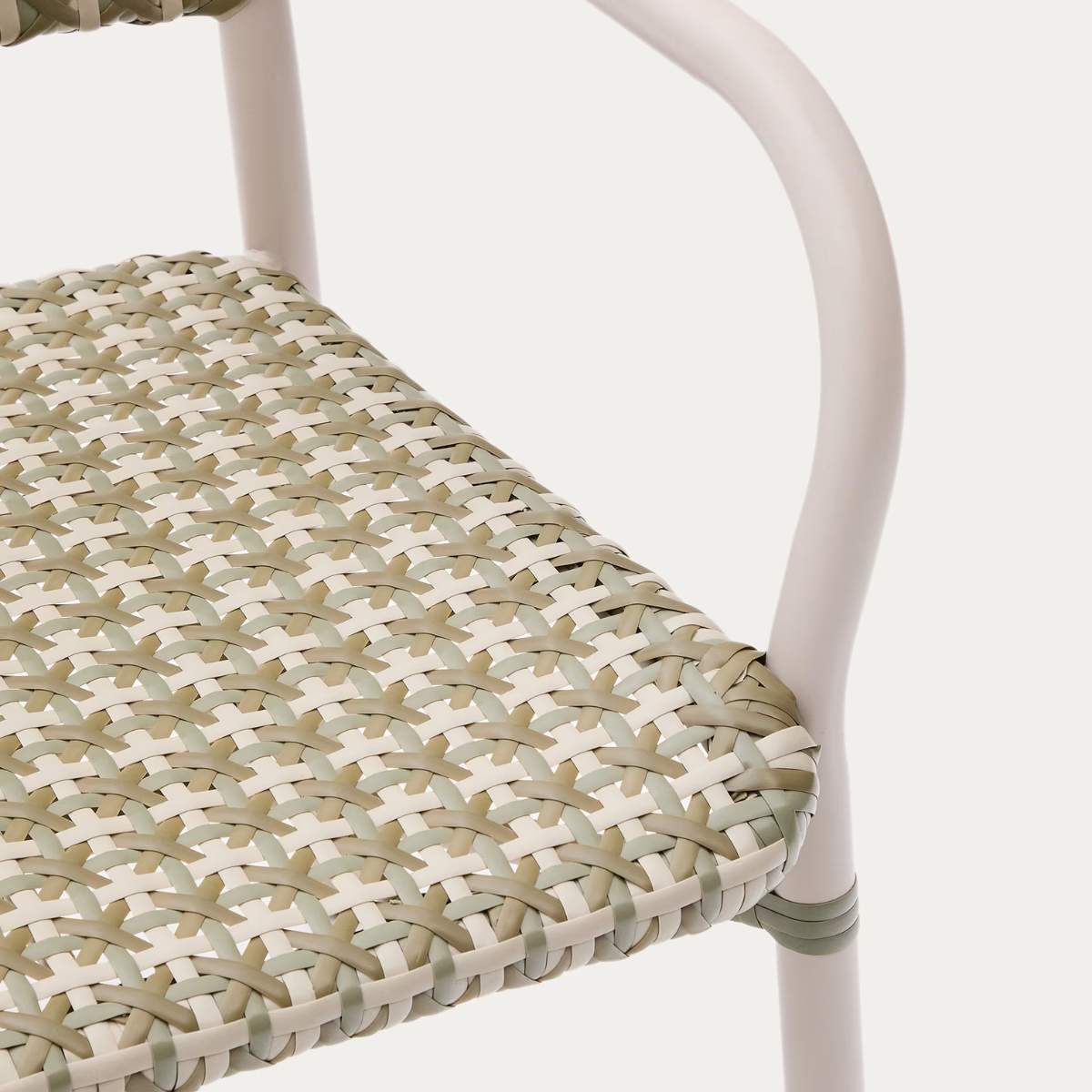 Kave Home Tuccia stackable chair in aluminium and synthetic rattan in green and beige