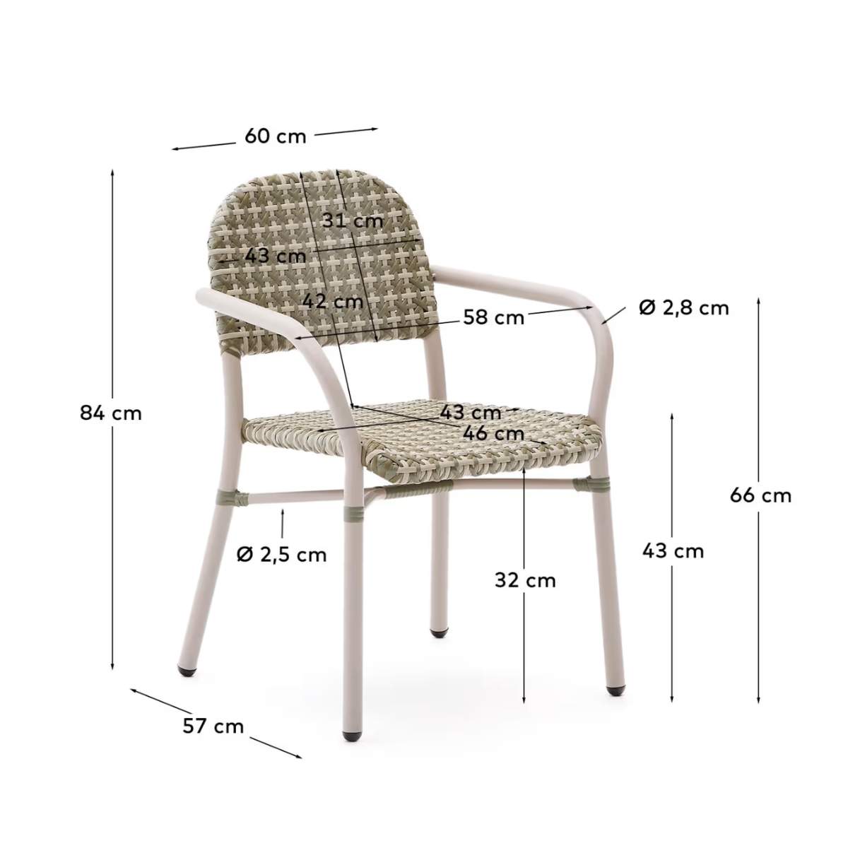Kave Home Tuccia stackable chair in aluminium and synthetic rattan in green and beige