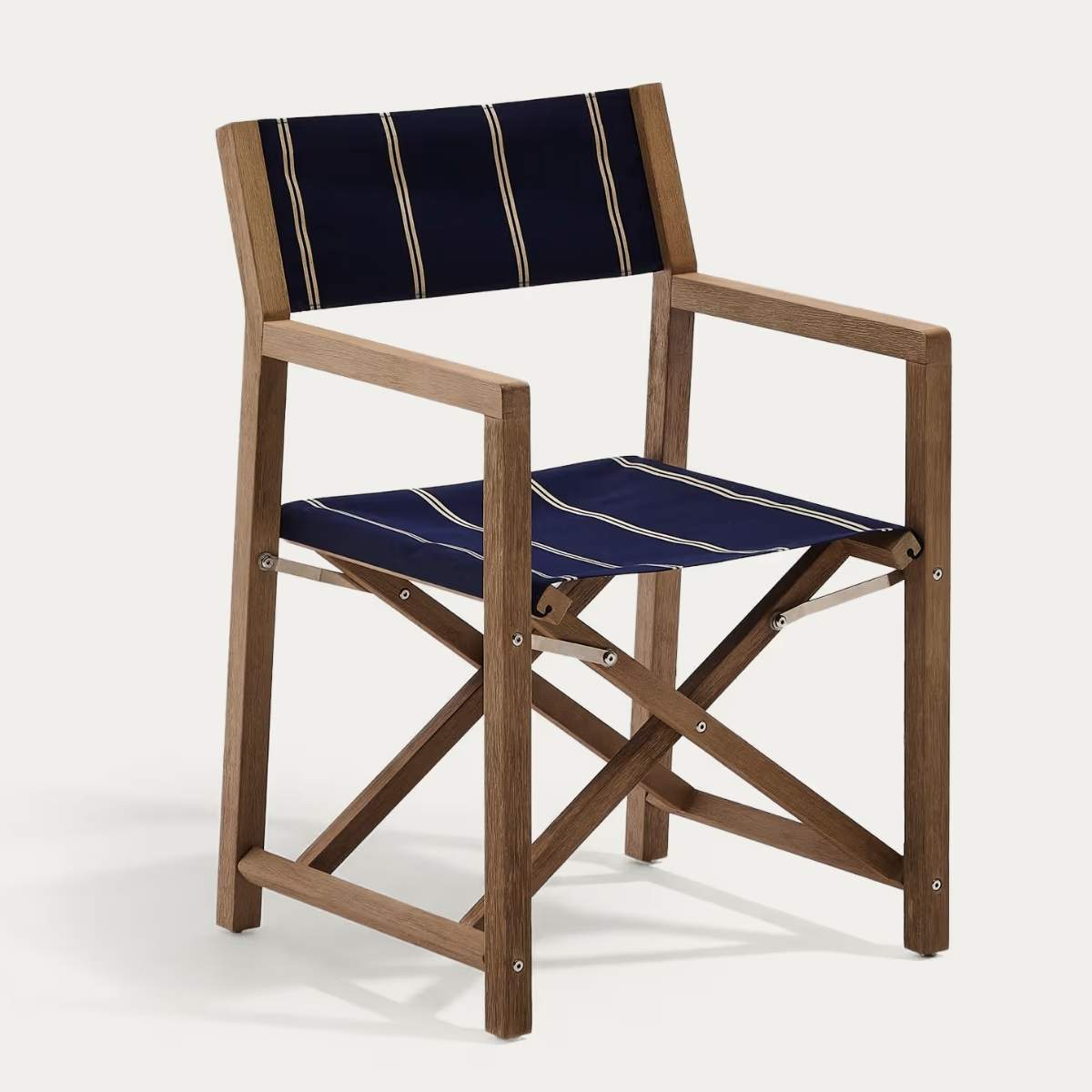 Kave Home Vilara blue and beige striped outdoor folding chair made of FSC 100% solid acacia wood