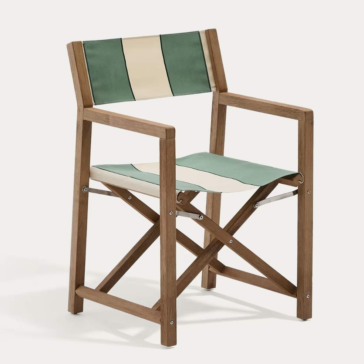 Kave Home Vilara blue and beige striped outdoor folding chair made of FSC 100% solid acacia wood