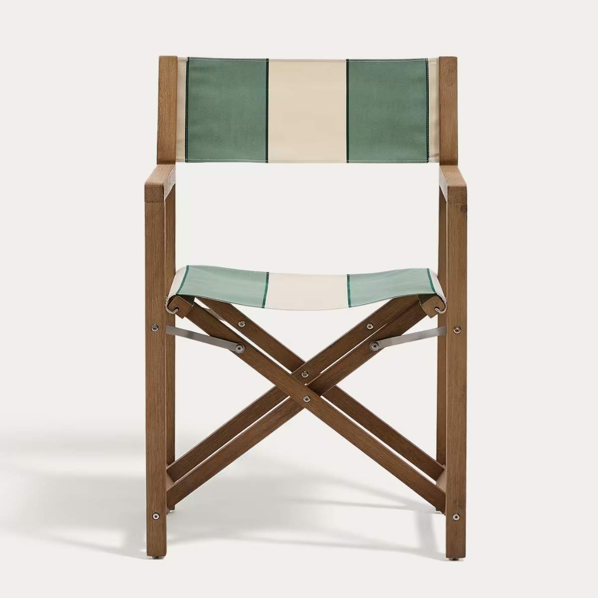 Kave Home Vilara blue and beige striped outdoor folding chair made of FSC 100% solid acacia wood