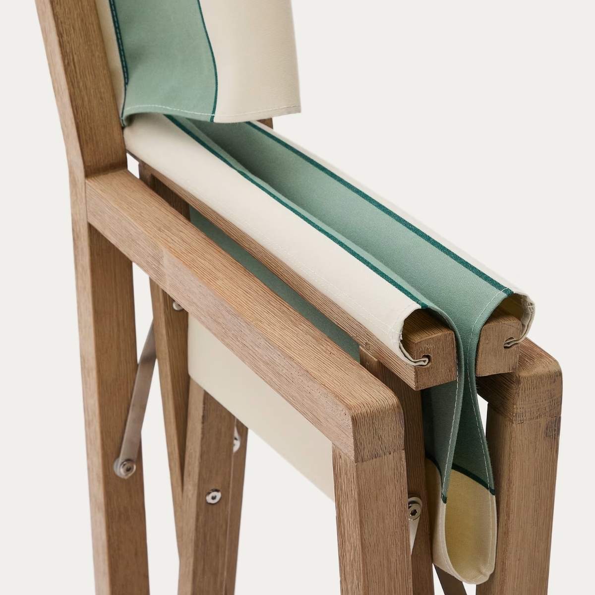 Kave Home Vilara blue and beige striped outdoor folding chair made of FSC 100% solid acacia wood