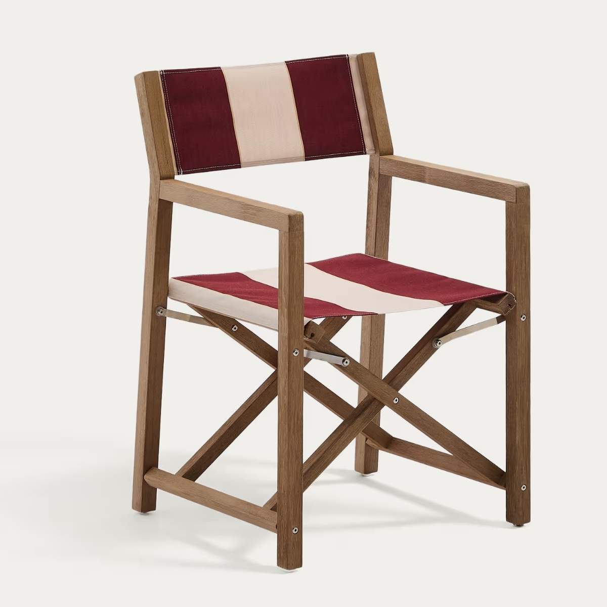 Kave Home Vilara blue and beige striped outdoor folding chair made of FSC 100% solid acacia wood