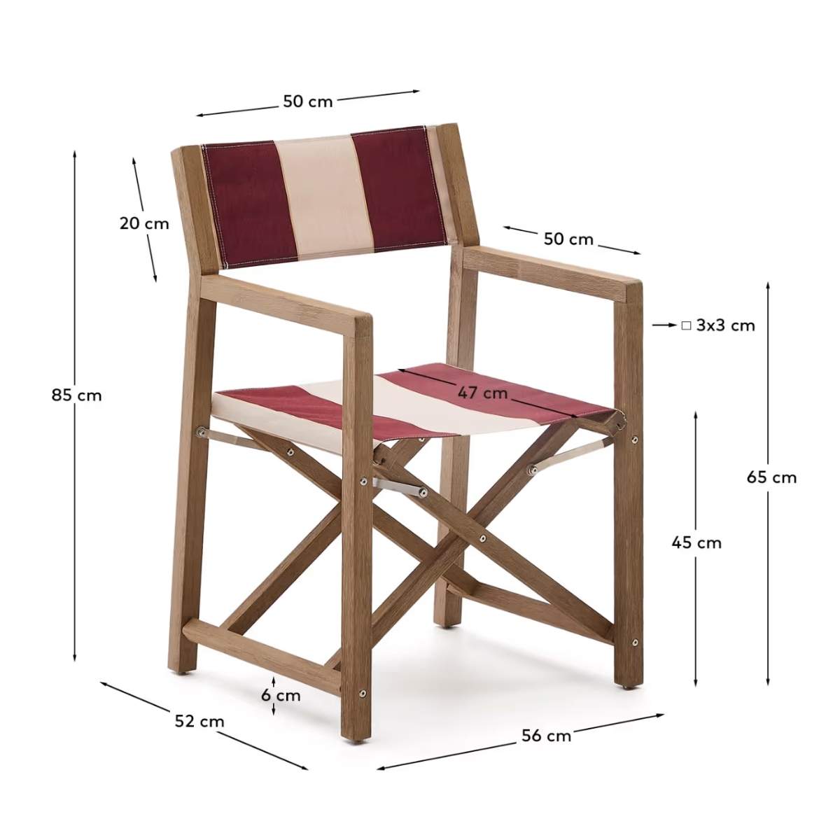 Kave Home Vilara blue and beige striped outdoor folding chair made of FSC 100% solid acacia wood