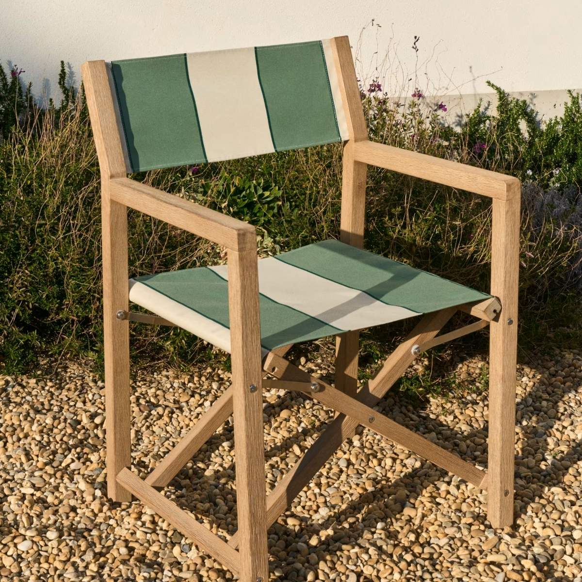 Kave Home Vilara blue and beige striped outdoor folding chair made of FSC 100% solid acacia wood