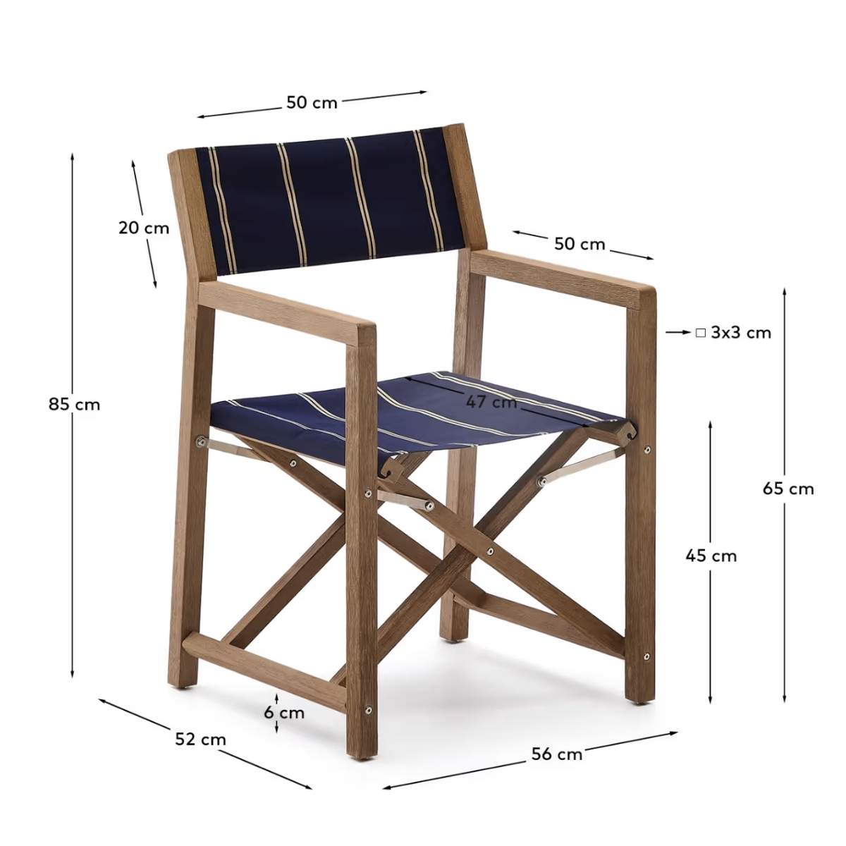 Kave Home Vilara blue and beige striped outdoor folding chair made of FSC 100% solid acacia wood