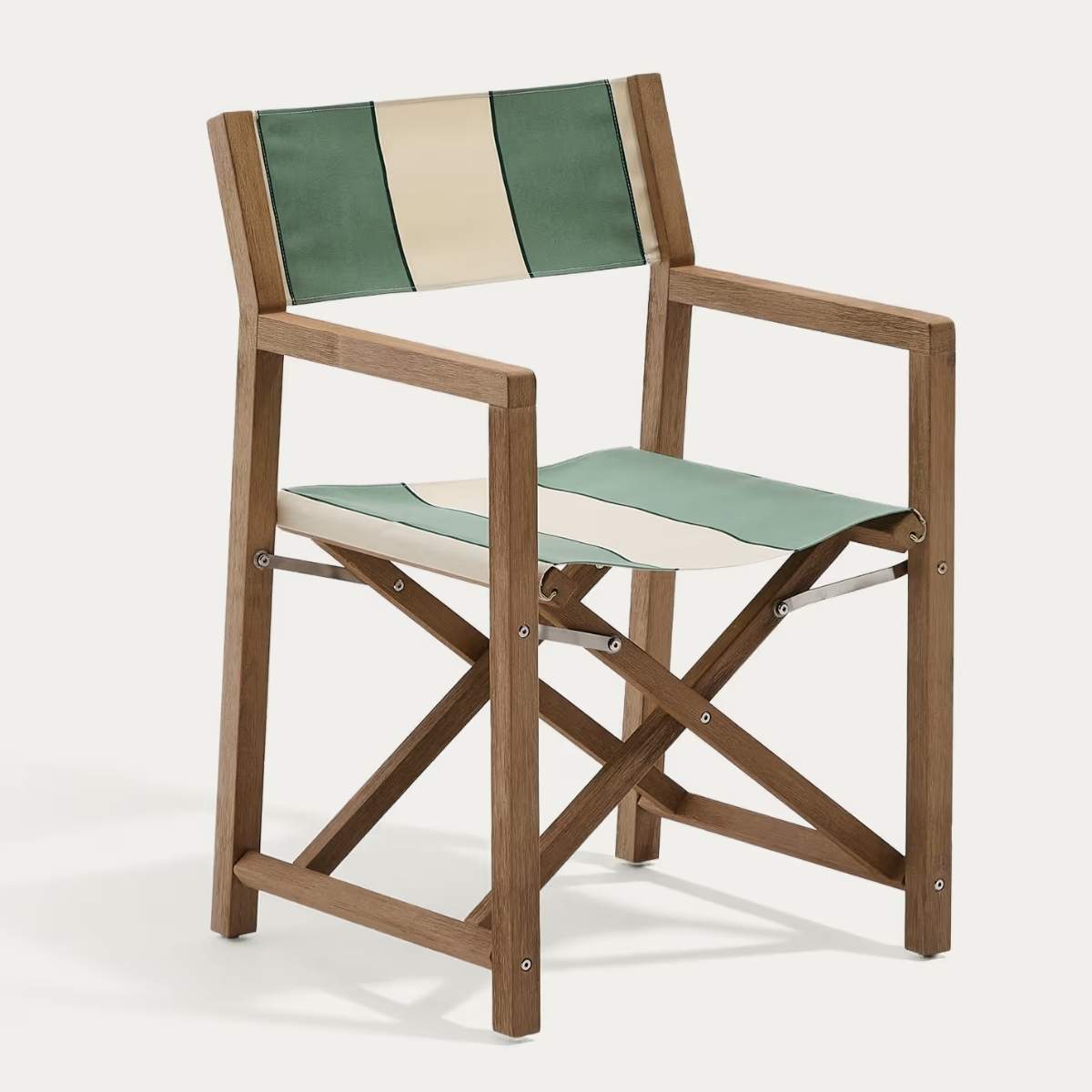 Kave Home Vilara blue and beige striped outdoor folding chair made of FSC 100% solid acacia wood