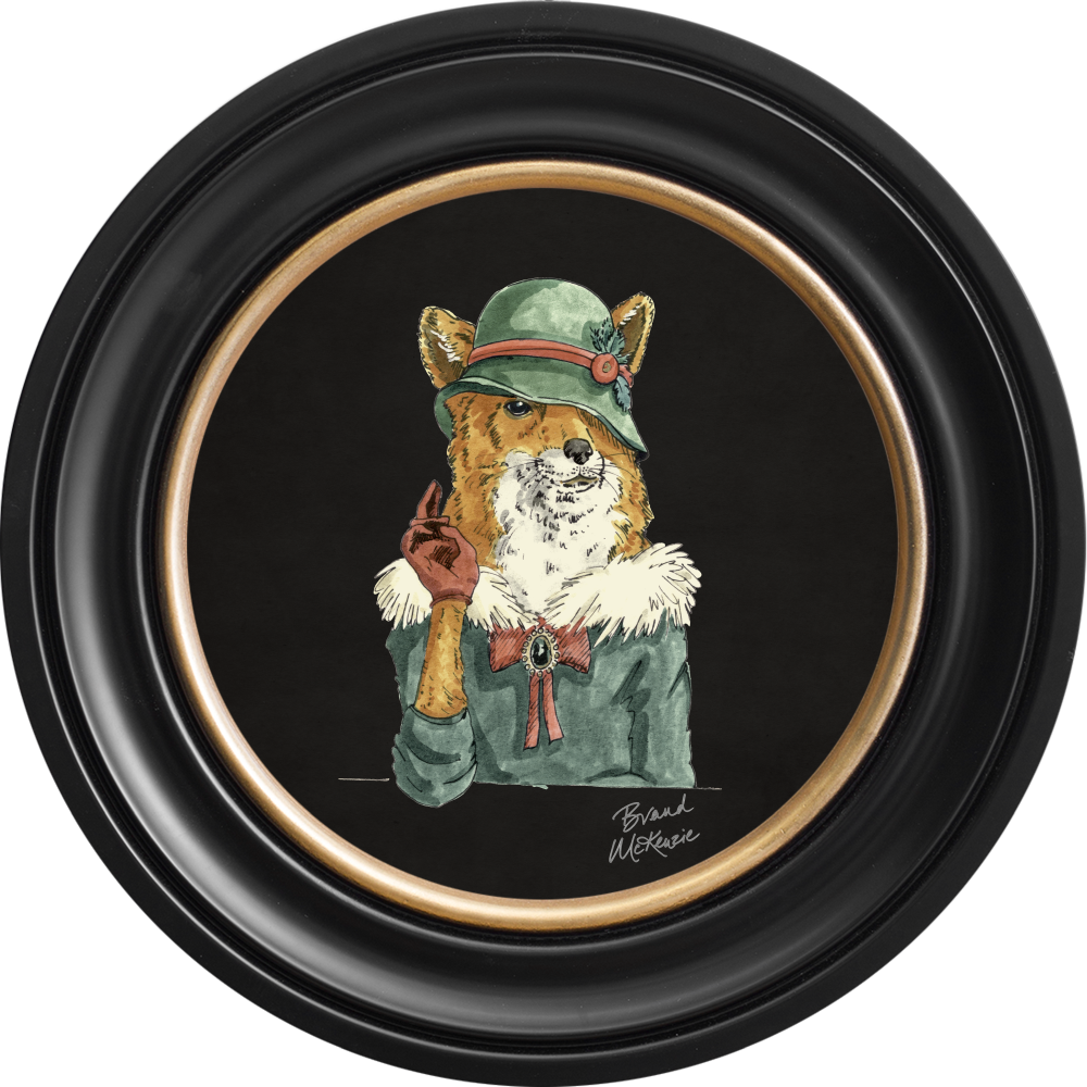 Brand McKenzie Happy Hour Vixen Framed Round Art Print with Charcoal Black Background