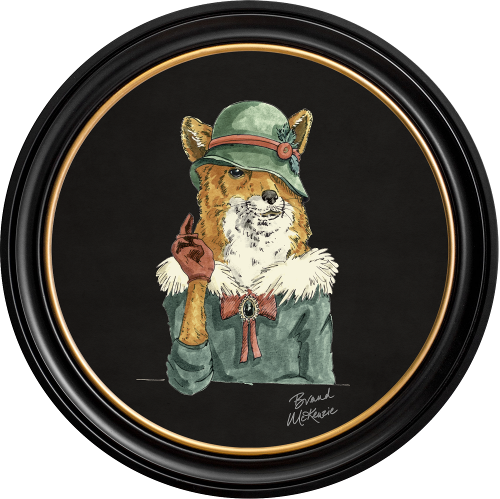 Brand McKenzie Happy Hour Vixen Framed Round Art Print with Charcoal Black Background