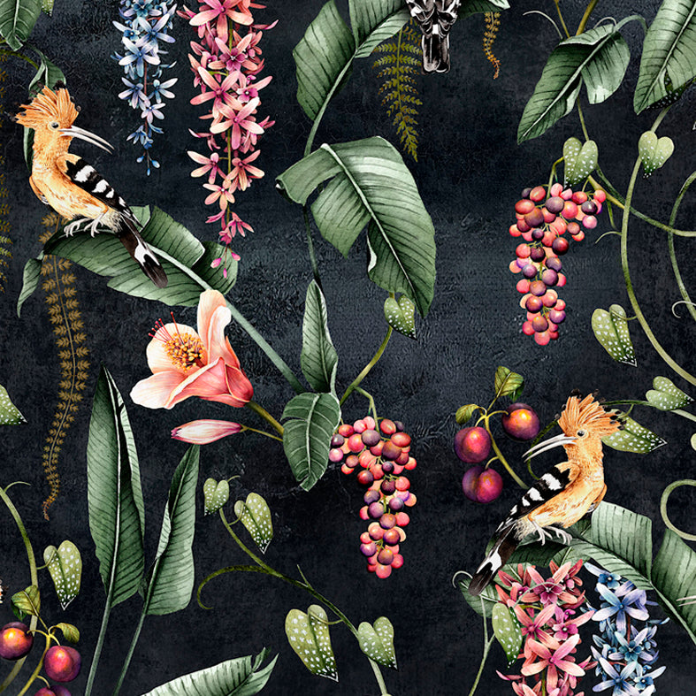 Hoopoe Garden Charcoal Wallpaper-Beaumonde