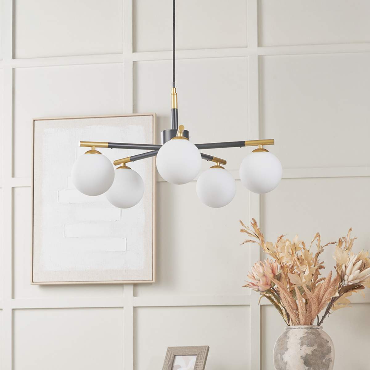 Pacific Lifestyle Wanda White Orb and Black Metal 5 Light Pendant