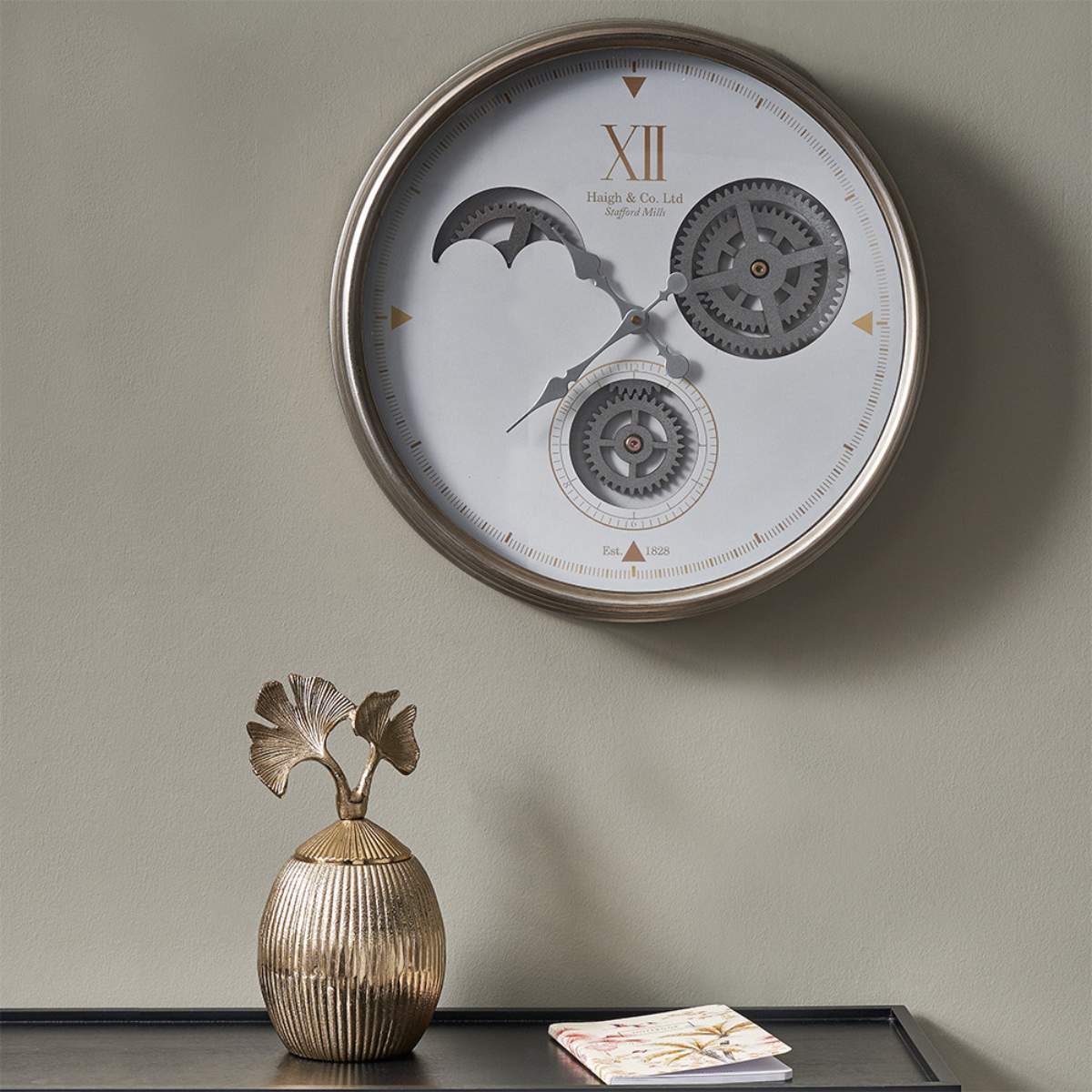 Pacific Lifestyle White and Silver Metal Working Cog Wall Clock
