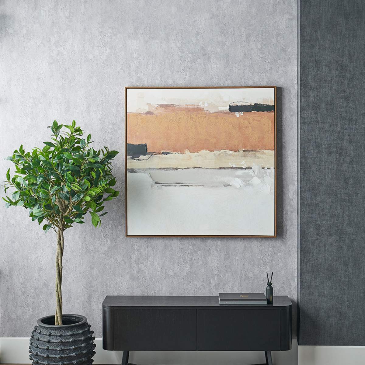 Pacific Lifestyle White and Terracotta Abstract Square Canvas with Oak Effect Frame
