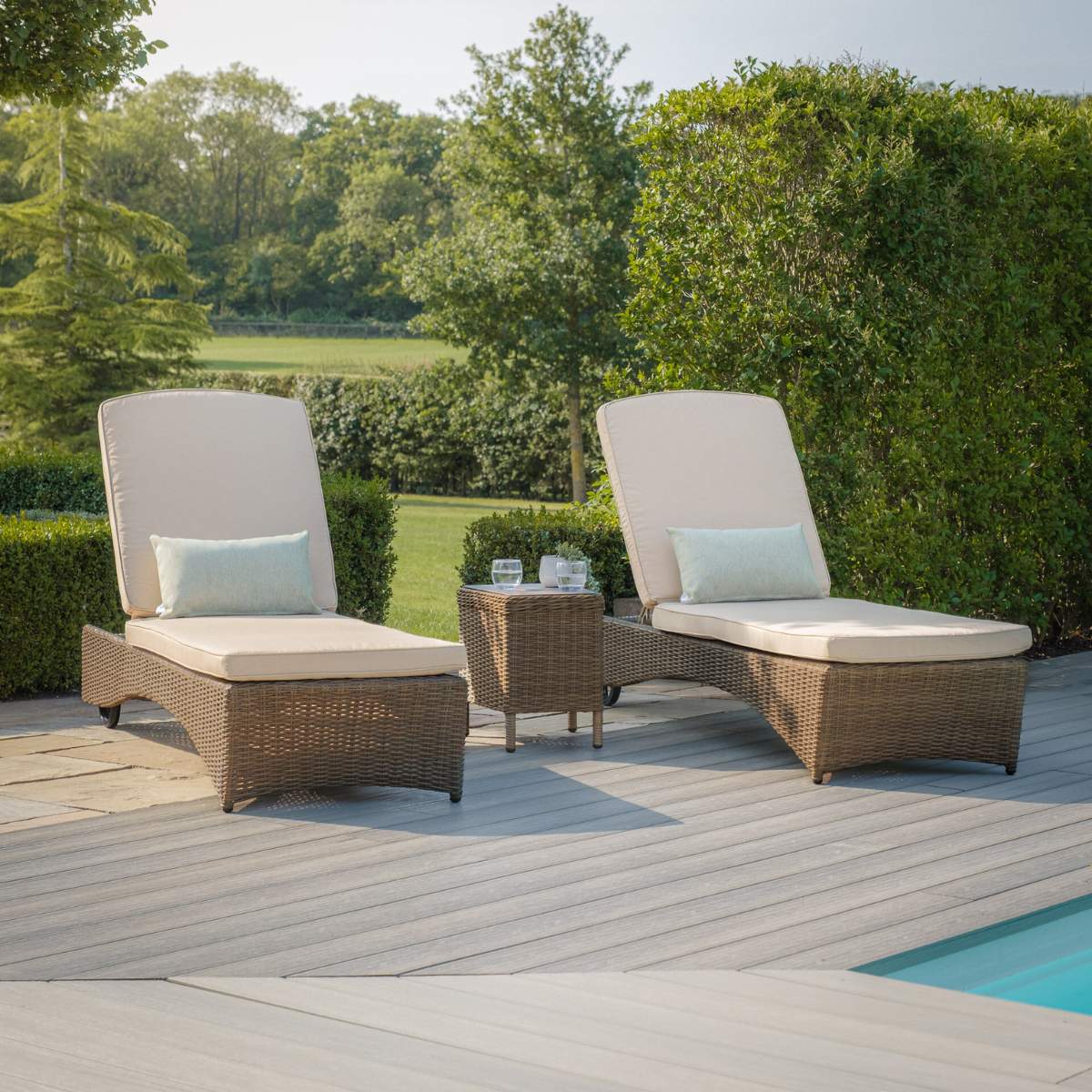 Maze Winchester Rattan Sunlounger Set - Ceramic Glass