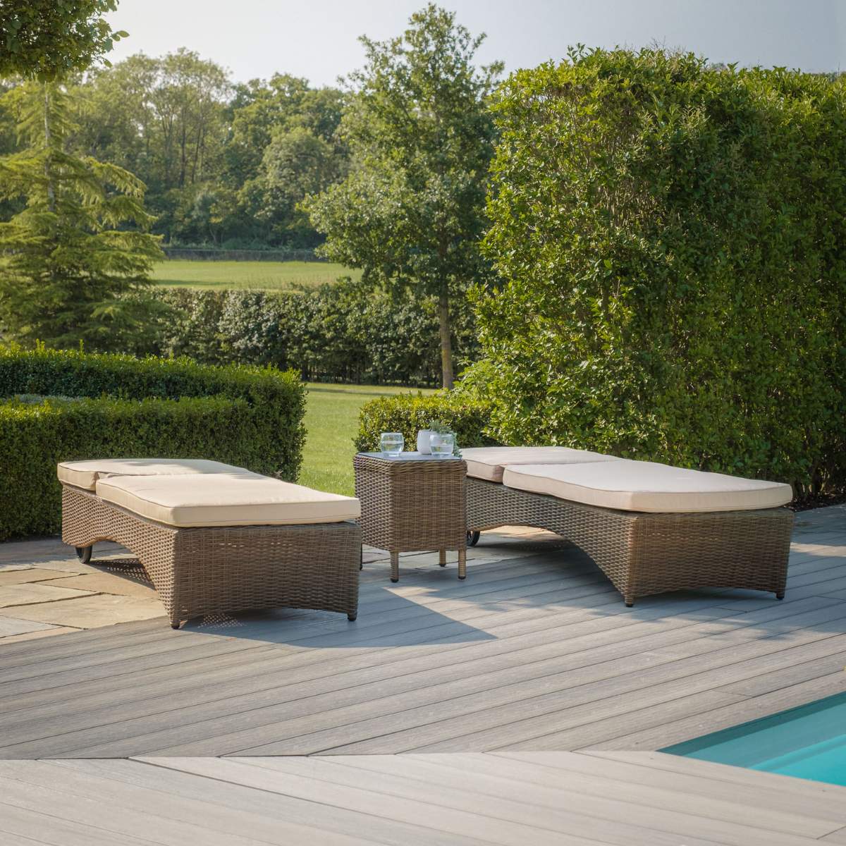 Maze Winchester Rattan Sunlounger Set - Ceramic Glass