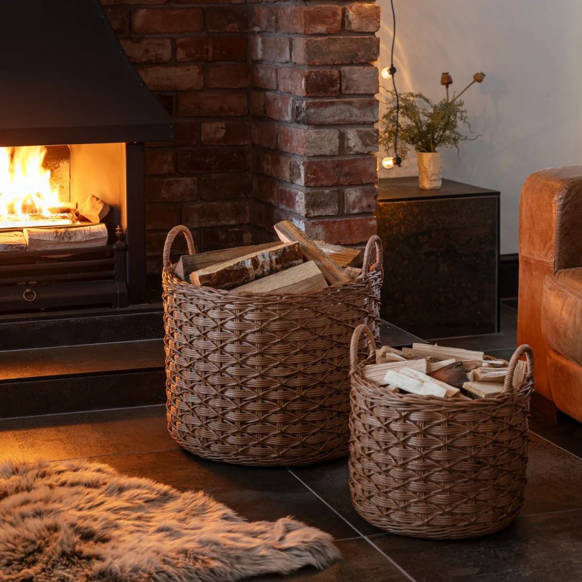 Ivyline Woven Round Rattan Log Basket with Handles H50cm D50cm