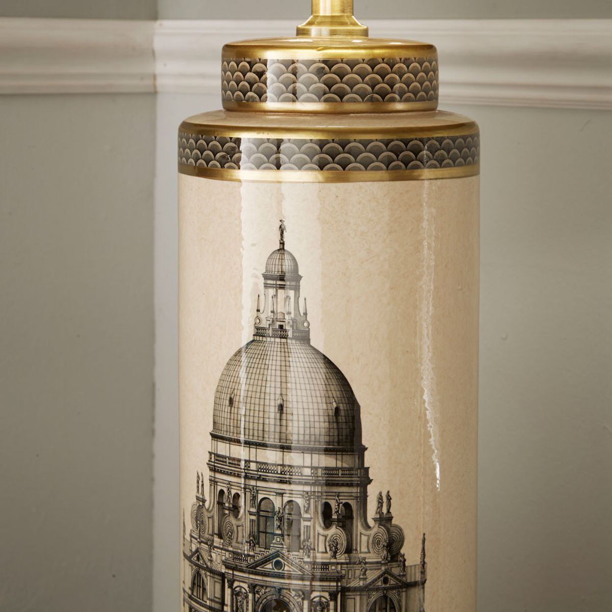 Pacific Lifestyle Wren Black and Cream Building Print Tall Ceramic Table Lamp Base
