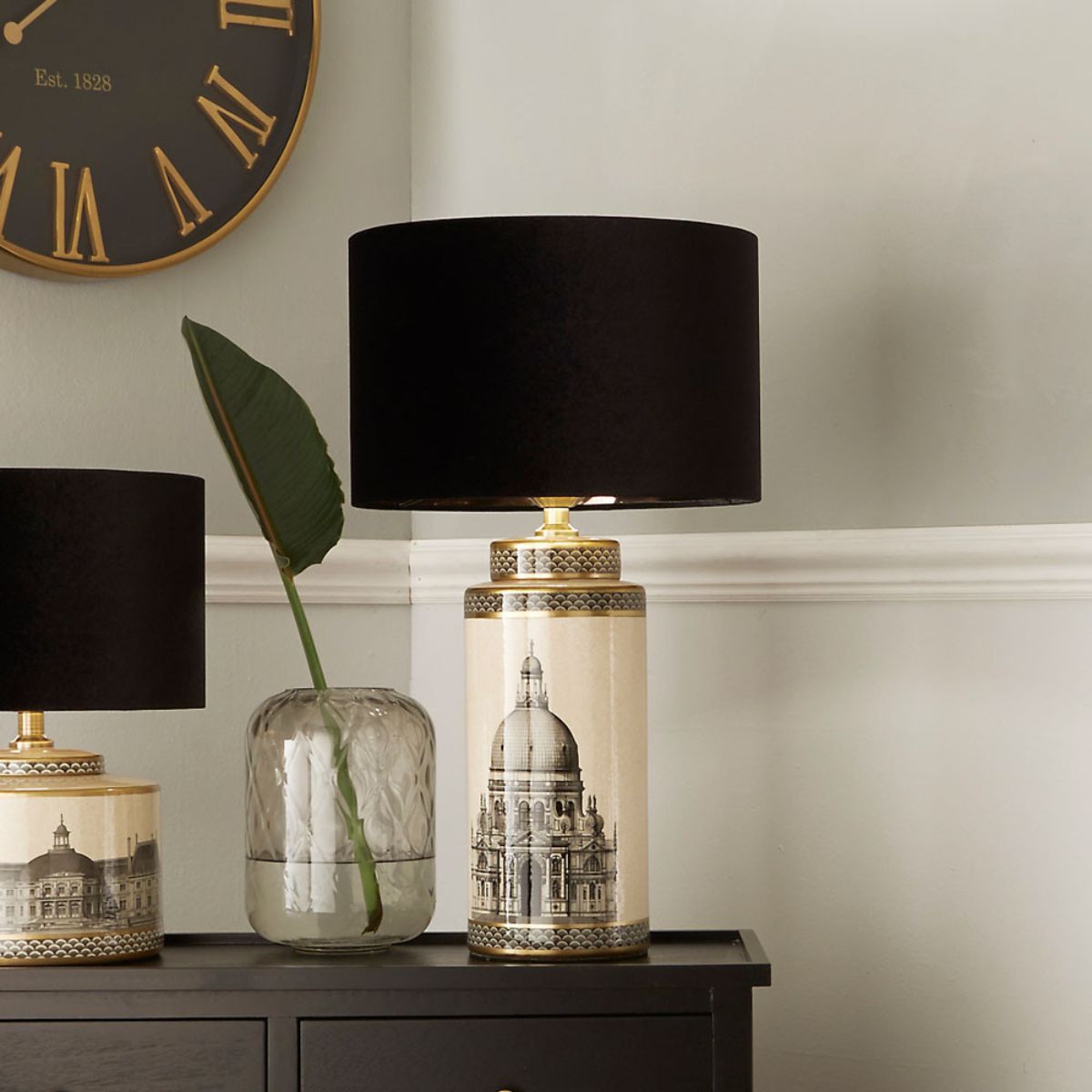 Pacific Lifestyle Wren Black and Cream Building Print Tall Ceramic Table Lamp Base