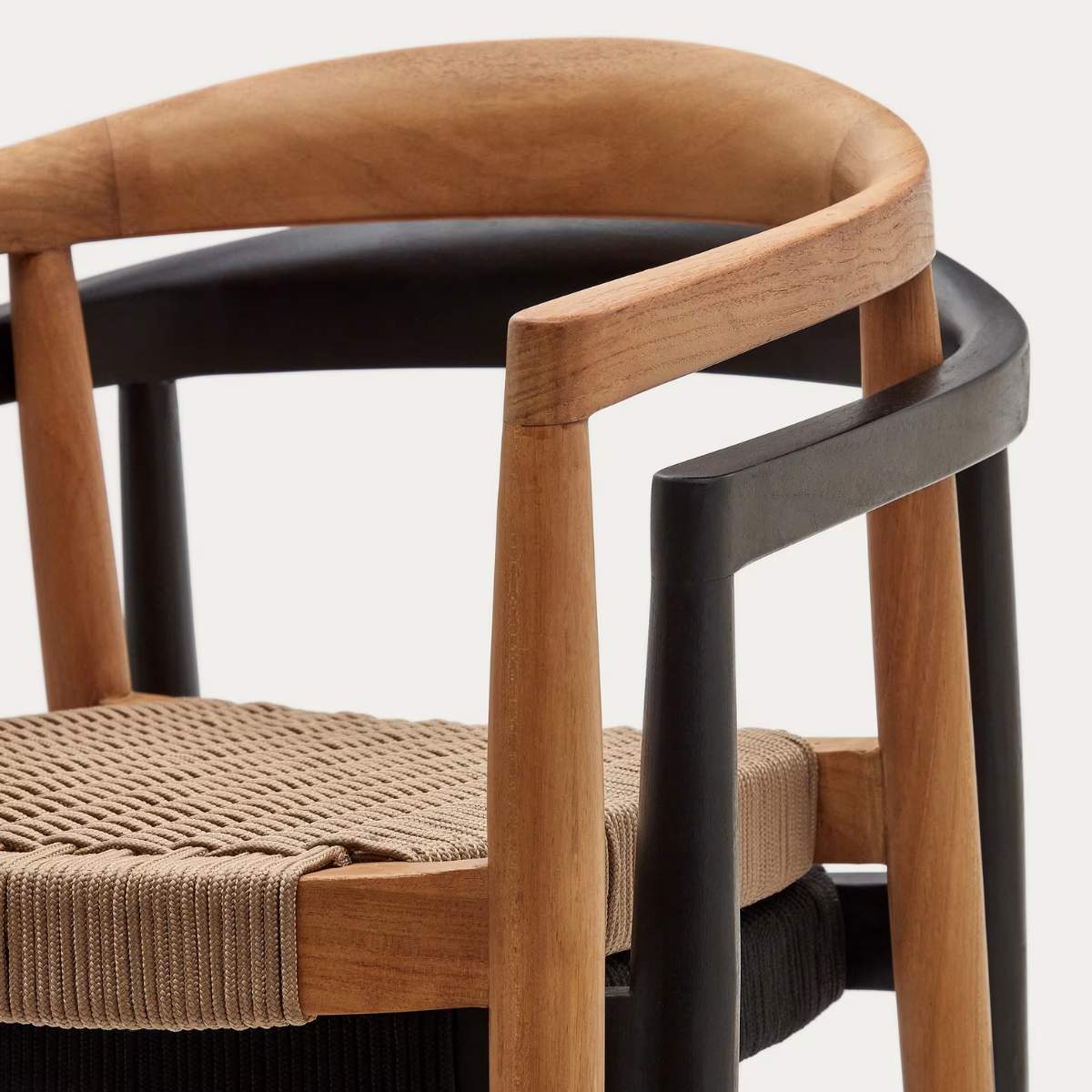 Kave Home Ydalia stackable outdoor chair in solid teak wood with natural finish and black rope