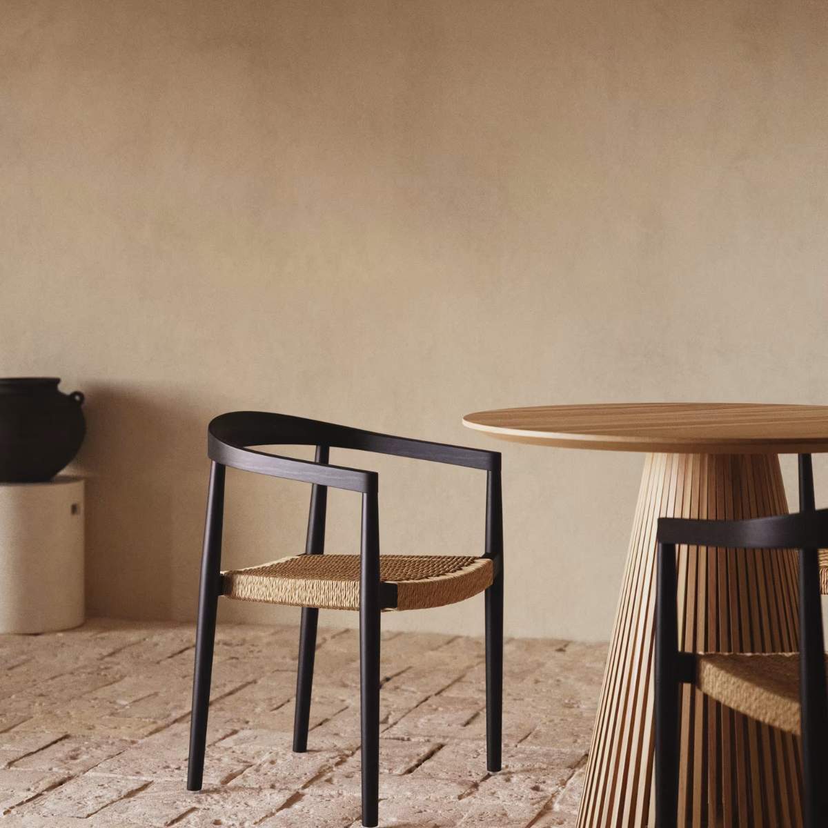 Kave Home Ydalia stackable outdoor chair in solid teak wood with natural finish and black rope