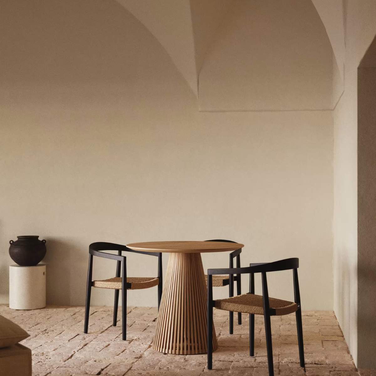 Kave Home Ydalia stackable outdoor chair in solid teak wood with natural finish and black rope
